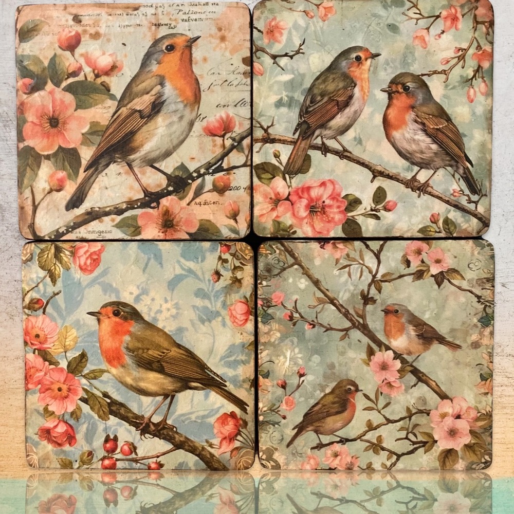 Handmade Vintage Spring Robin Birds & Flowers 4” Square Wood Coasters – Set of 4